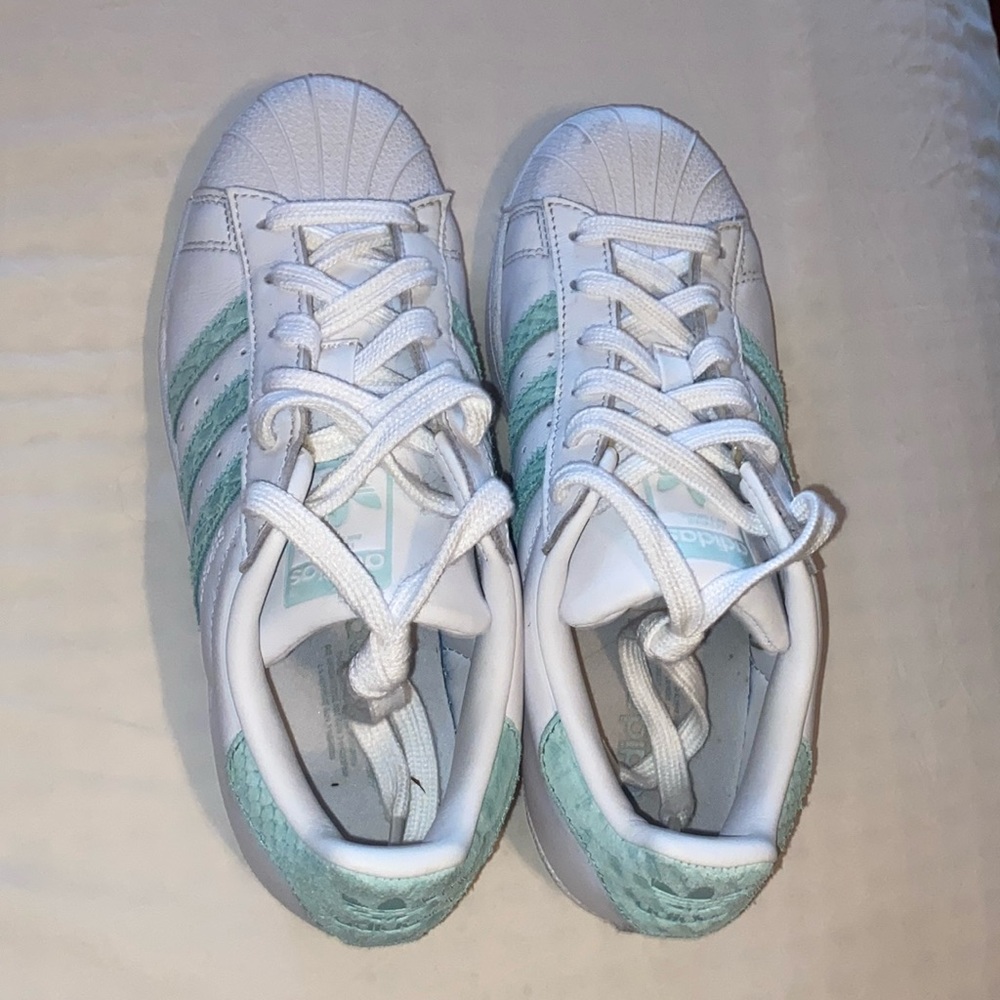 Adidas Blue-Green and White Superstar Sneakers